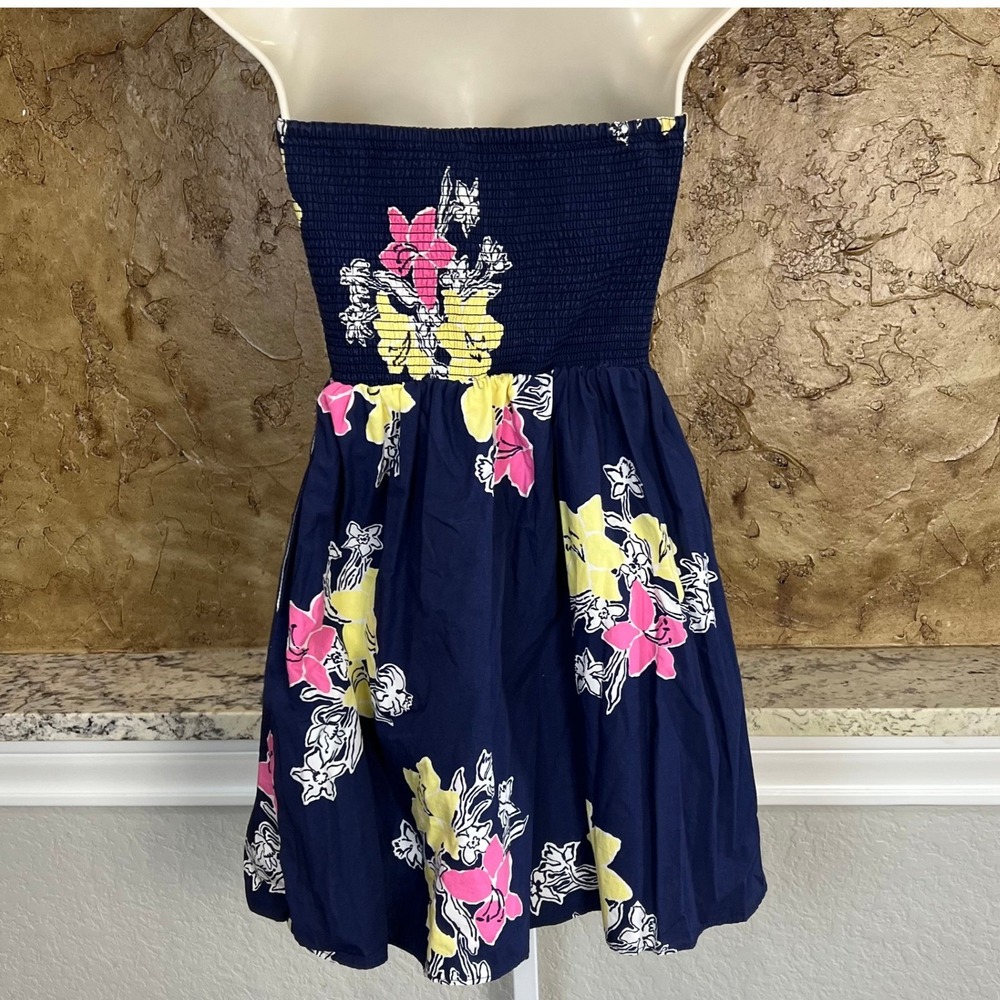 Lilly Pulitzer Strapless Dress 2 Navy Blue Floral Fit Flare Cotton Cruise Beach - Picture 6 of 13